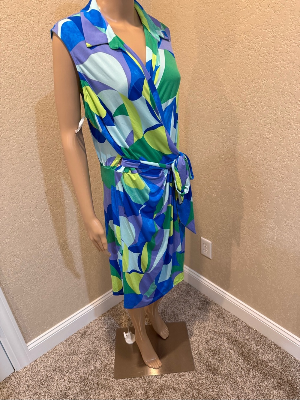 New! Donna Morgan Sleeveless Wrap Shirtdress Blue Green Abstract — Size 16